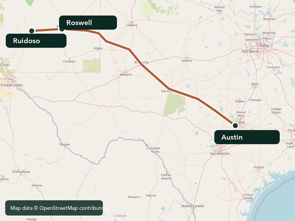 Map of the drive from Austin through Roswell to Ruidoso