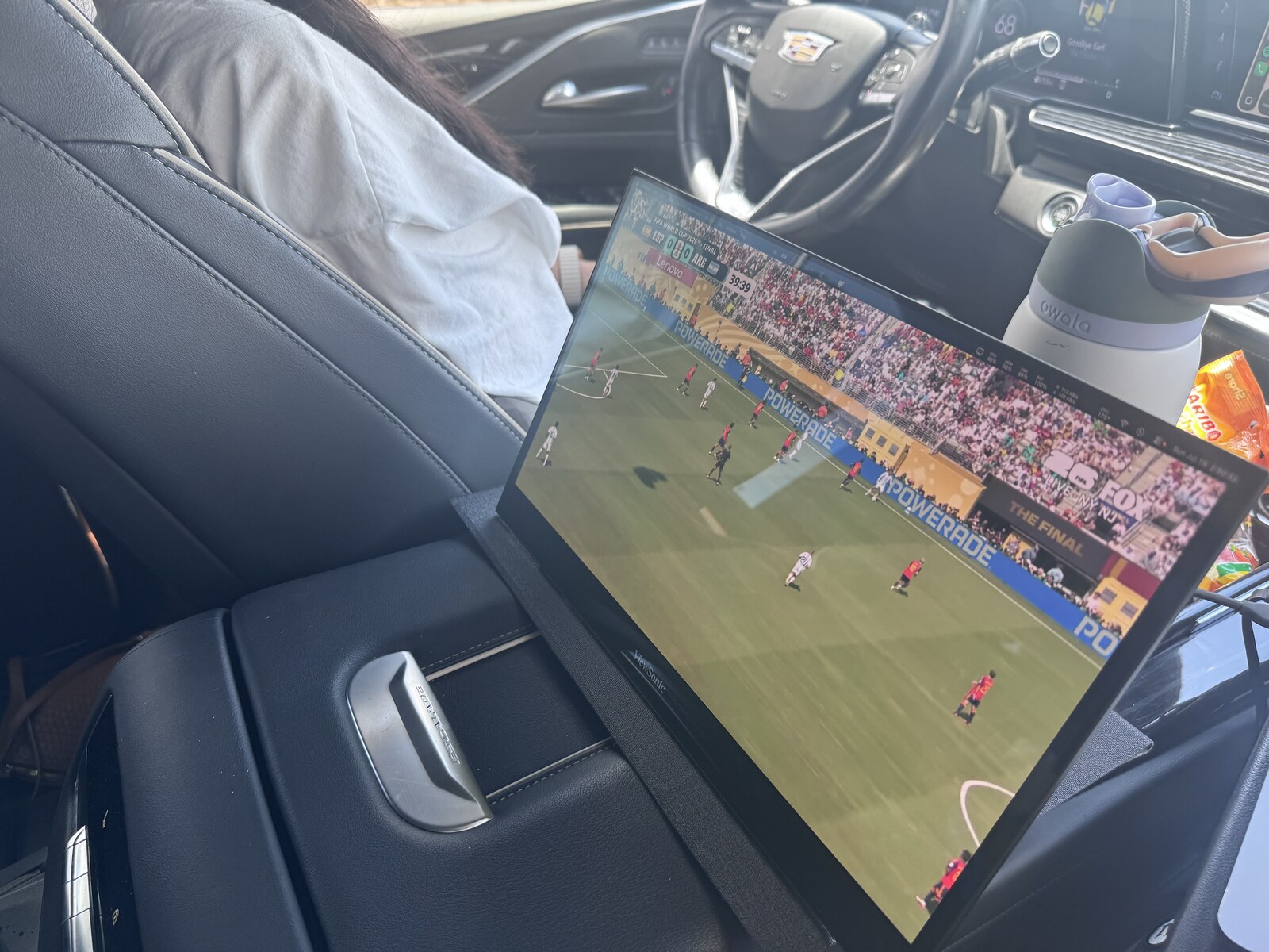 The World Cup final playing on a laptop in the Escalade