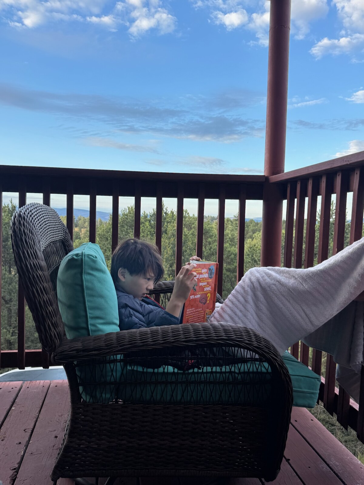 Owen reading his new book in a chair on the porch